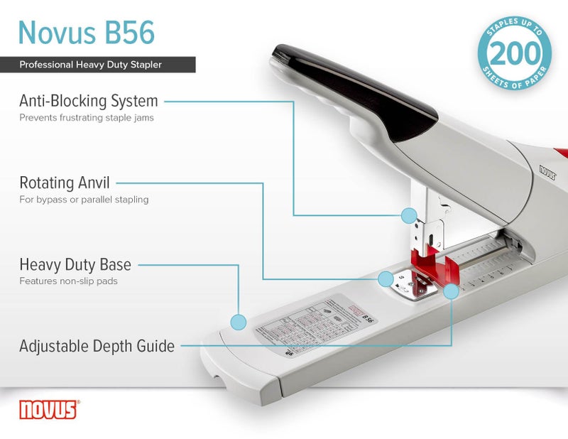 Novus B56 Heavy Duty Stapler, 200 Sheet Capacity, Anti-Jam, 3" Stapling Depth w/ Adjustable Guide, Staple Bypass, German Engineered (023-0059) - Image 4